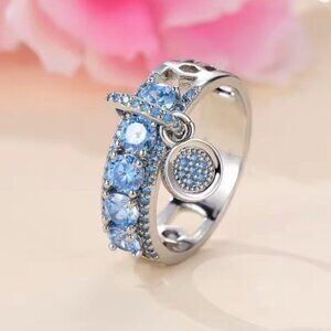 NEW 14k White Gold Blue Aquamarine Stone Buckle Dangle Coin Ring